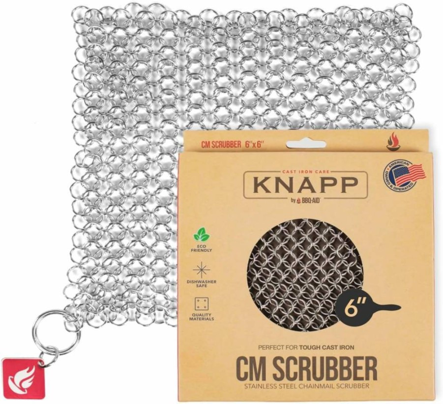 CM SCRUBBER 6" Chain Mail Cast Iron Cleaner - Pre-Seasoned for Hard Anodized Cookware, Dutch Ovens, Skillets & Grills - Rust-Free Small Ring Scrubber