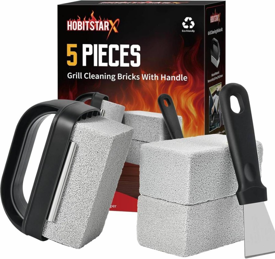 HOBITSTARX 3-Piece Pumice Grill Cleaning Stone with Handle – Heavy Duty Griddle Scrubber for Blackstone, Flat Top & BBQ Accessories – Natural Grill Brick for Deep Cleaning & Maintenance