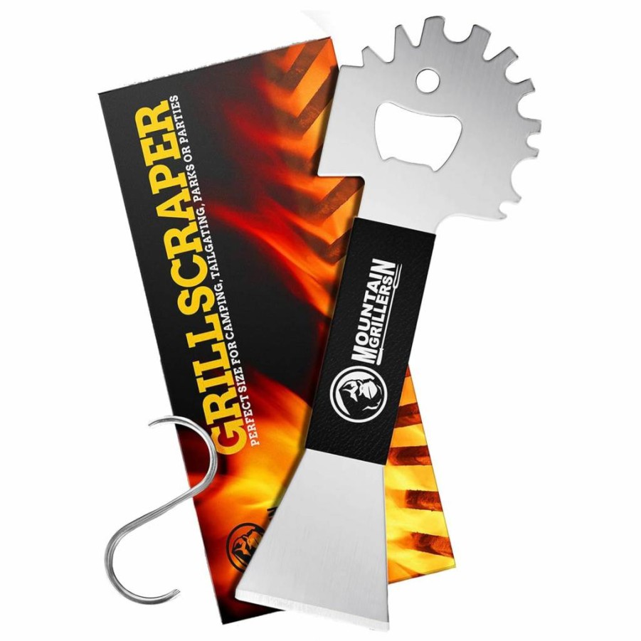 MOUNTAIN GRILLERS Stainless Steel BBQ Grill Scraper - Heavy Duty Grill Brush with Non-Slip Grip & Built-In Bottle Opener - Portable Grill Cleaner for Outdoor Cooking, Griddle, Smoker, and Oven Grates