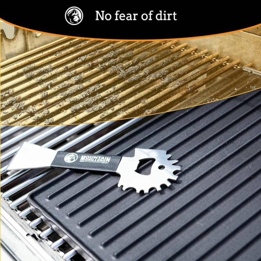 MOUNTAIN GRILLERS Stainless Steel BBQ Grill Scraper - Heavy Duty Grill Brush with Non-Slip Grip & Built-In Bottle Opener - Portable Grill Cleaner for Outdoor Cooking, Griddle, Smoker, and Oven Grates