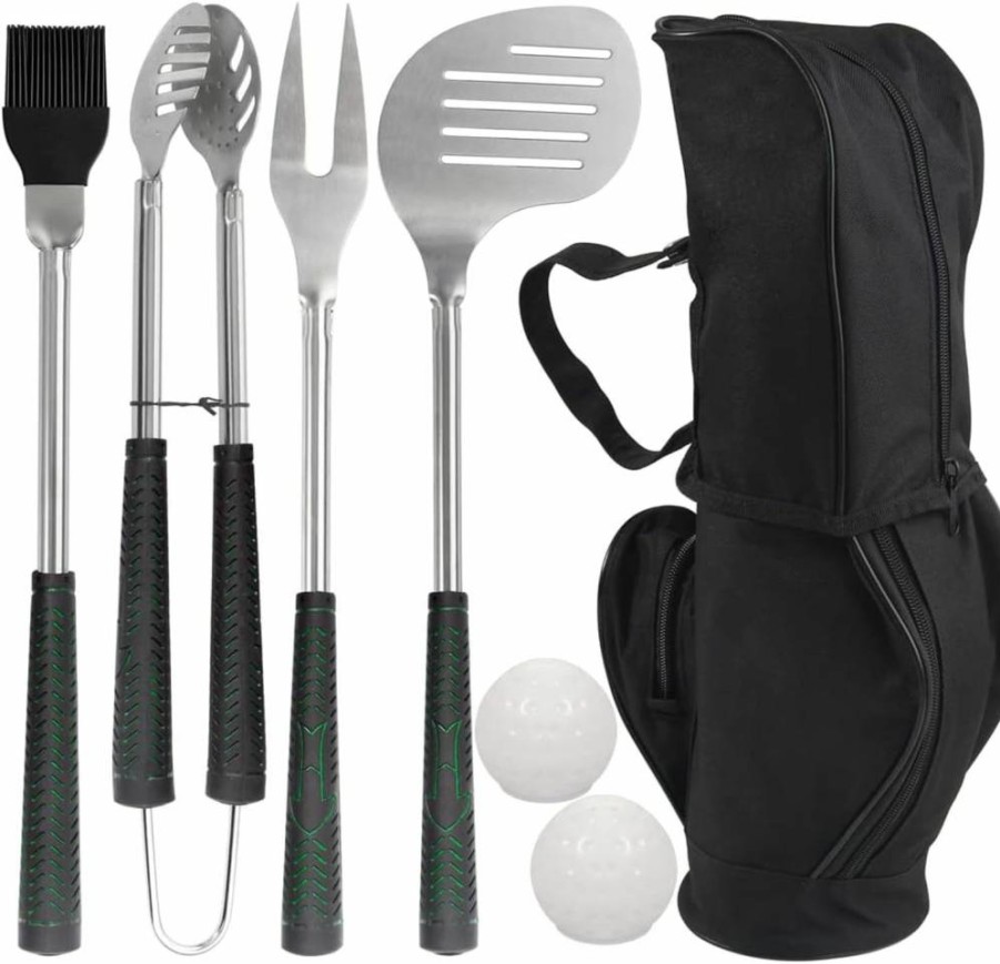 POLIGO 7-Piece Premium Stainless Steel BBQ Grill Tools Set with Non-Slip Rubber Handle - Outdoor Grilling Accessories Kit for Men, Ideal Gift for Dad, Birthday & Christmas (Golf Club Style)