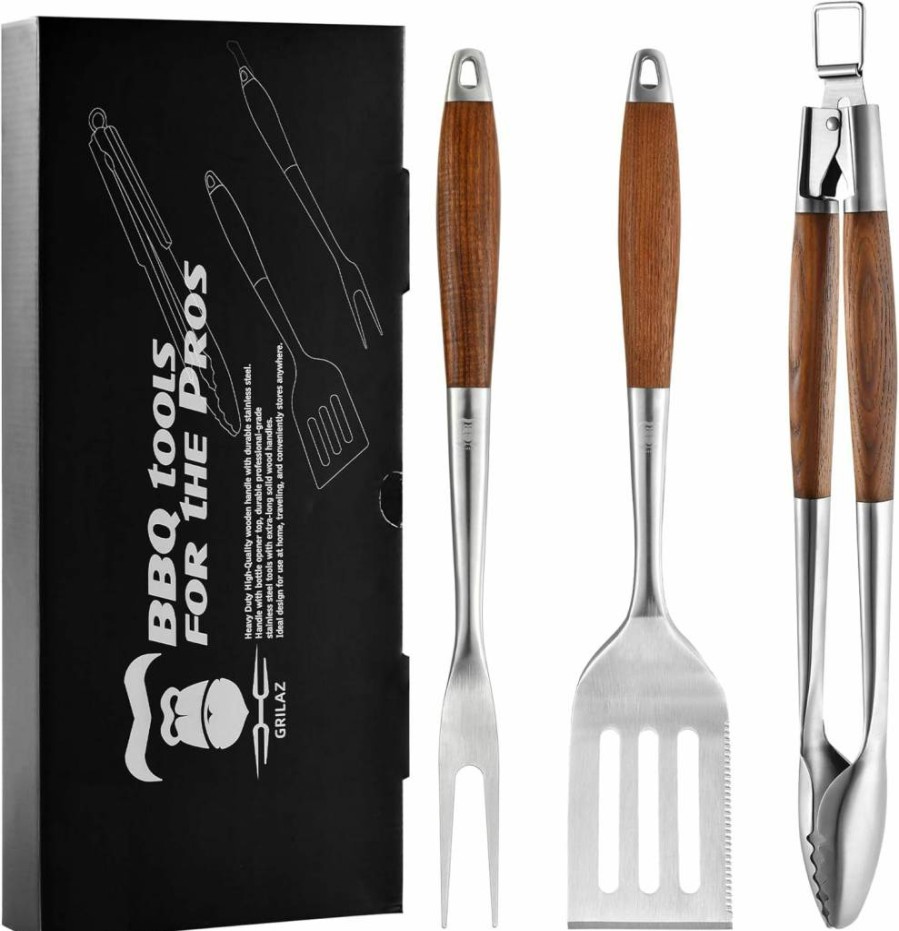 GRILAZ Heavy-Duty Rosewood BBQ Grill Tools Set with Extra Thick Stainless Steel Spatula, Fork & Tongs – Perfect Barbecue Accessories & Gift for Dad