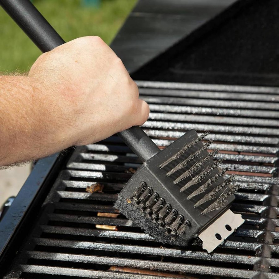 Cuisinart CCB-4125 4-in-1 Grill Cleaning Brush with Stainless Steel Bristles, Scour Pad, Scraper, and 13-Inch Handle for BBQ Maintenance