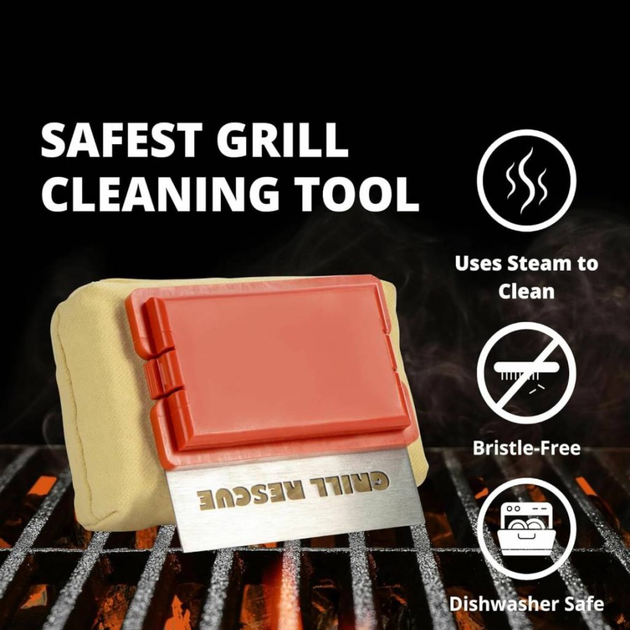 Grill Rescue BBQ Cleaner - Bristle-Free, Replaceable Scraper Head for Cast Iron & Stainless Steel Grates - Durable Barbecue Cleaning Tool