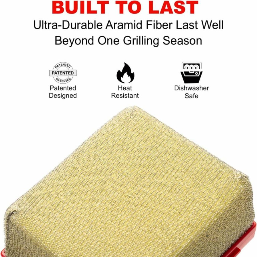 EEFINITE BBQ Grill Brush Cleaner - Safe No Wire Bristles, Includes Replacement Scrub Sponge & Superior Scraper for Gas & Charcoal Grates - Outdoor Grill Cleaning Tool, Red
