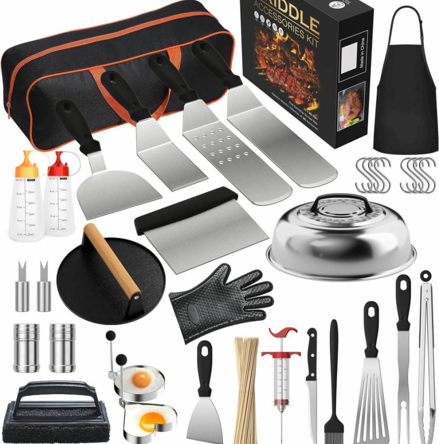 Furnhome 120-Piece Griddle Accessories Kit for Blackstone Flat Top Grill - Includes Cast Iron Smash Burger Press & Round Melting Dome for Outdoor BBQ & Professional Cooking