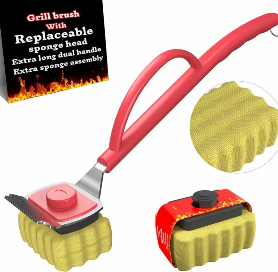 BRUBEQO Bristle-Free Steam Grill Cleaner with 2 Sponge Heads - Safe Non-Metal BBQ Scrubber for Cast Iron & Grill Grates - Outdoor Barbecue Cleaning Kit