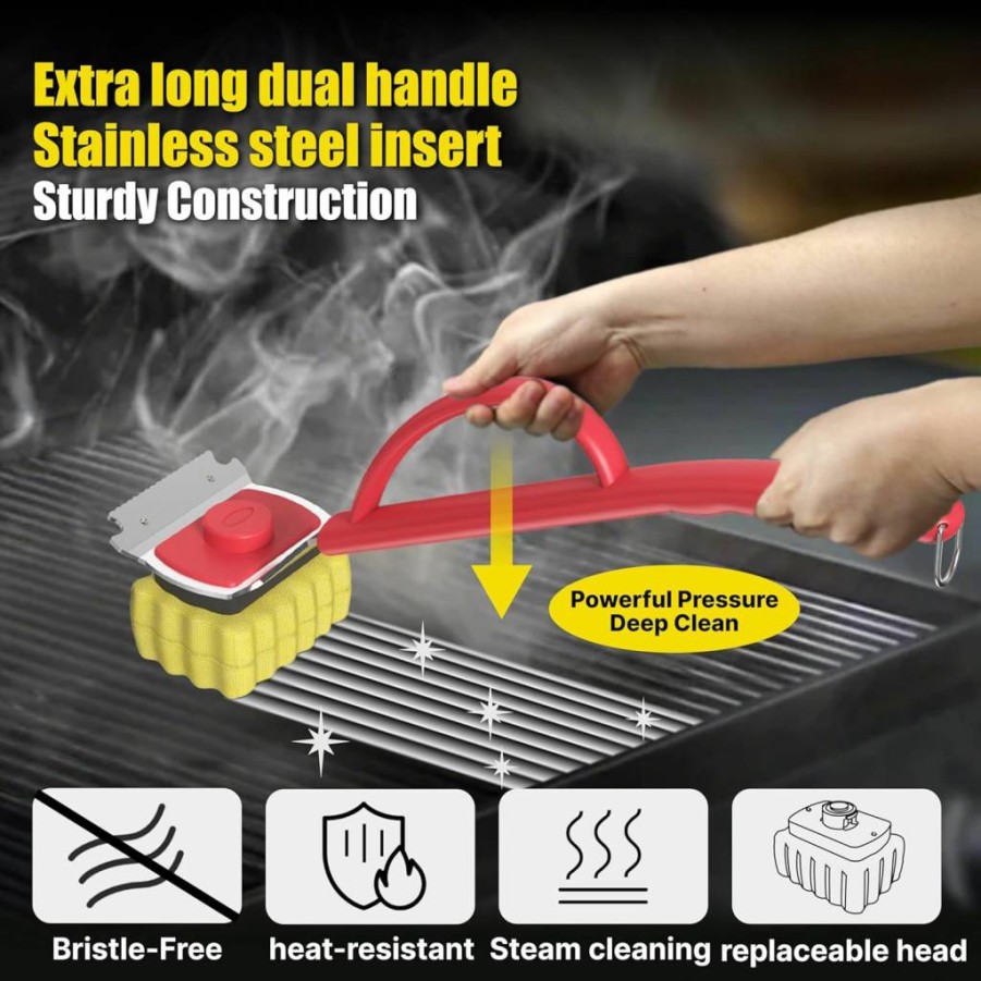BRUBEQO Bristle-Free Steam Grill Cleaner with 2 Sponge Heads - Safe Non-Metal BBQ Scrubber for Cast Iron & Grill Grates - Outdoor Barbecue Cleaning Kit