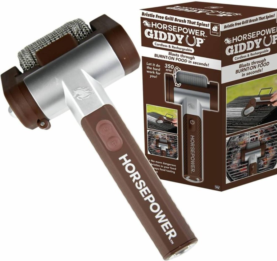 Horsepower Cordless Rechargeable 304 Stainless Steel Grill Brush with LED, 9-Inch Bristle-Free Spinning Power Roller, 350 RPM for Burnt-On Food, No Preheating, As-Seen-On-TV, Brown