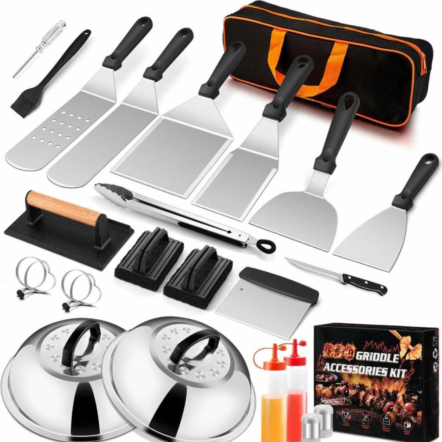 Joyfair 25-Piece Stainless Steel Griddle Accessories Kit with Melting Dome, Spatulas, Basting Covers & Burger Press for Outdoor BBQ, Teppanyaki, Hibachi, and Flat Top Grilling