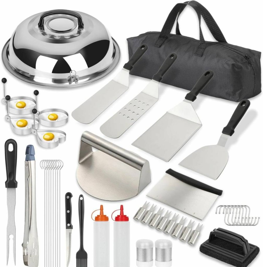 Gleamkid 45-Piece Premium Griddle Accessories Kit for Blackstone & Camp Chef – Includes Enlarged Spatulas, Basting Cover, Scraper & Carry Bag – Heavy-Duty Outdoor BBQ Grill Tools Set (Silver)
