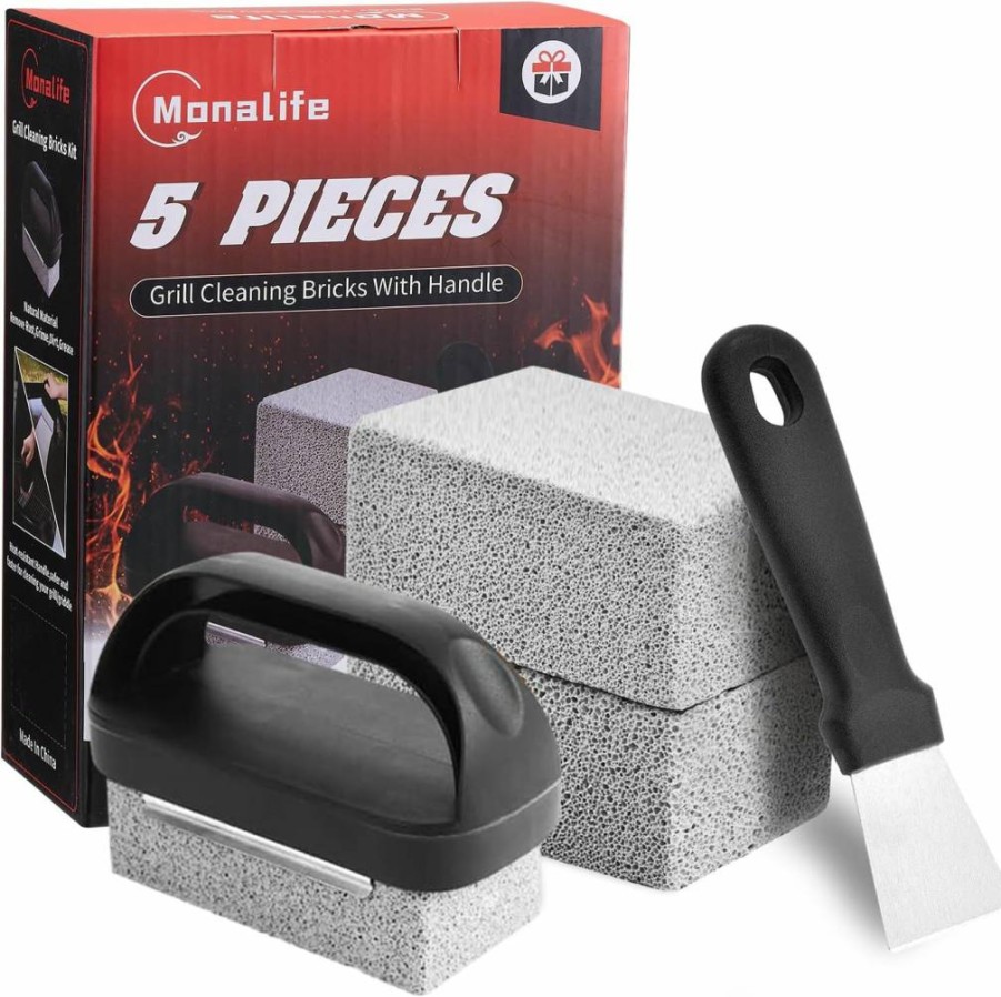 Monalife Grill Cleaning Kit with Scraper, Pumice Stone, and Brush – Heavy Duty Griddle Cleaner for Blackstone Flat Top Grills – Stain Remover Tool with Ergonomic Handle