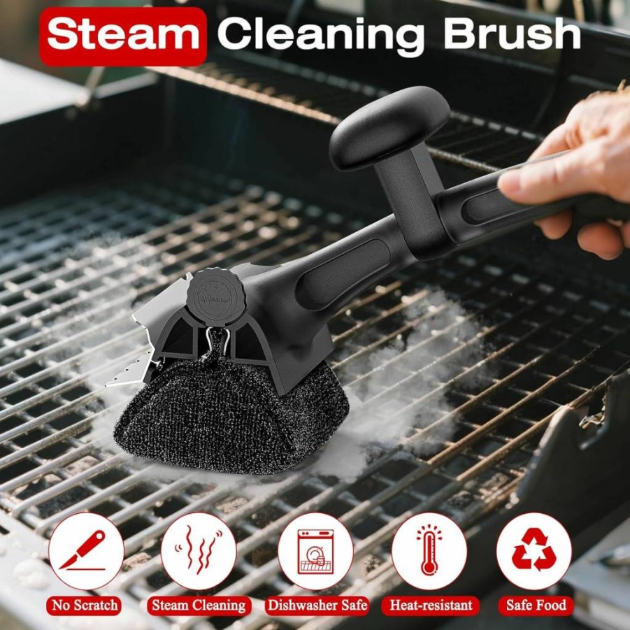 TMEDW Grill Brush with Replaceable Bristle-Free Head & Reinforced Scraper – Safe BBQ Cleaning Tool for Porcelain, Gas, Charcoal, Smoker & Cast Iron Grills – Heavy-Duty Outdoor BBQ Accessories (Black)