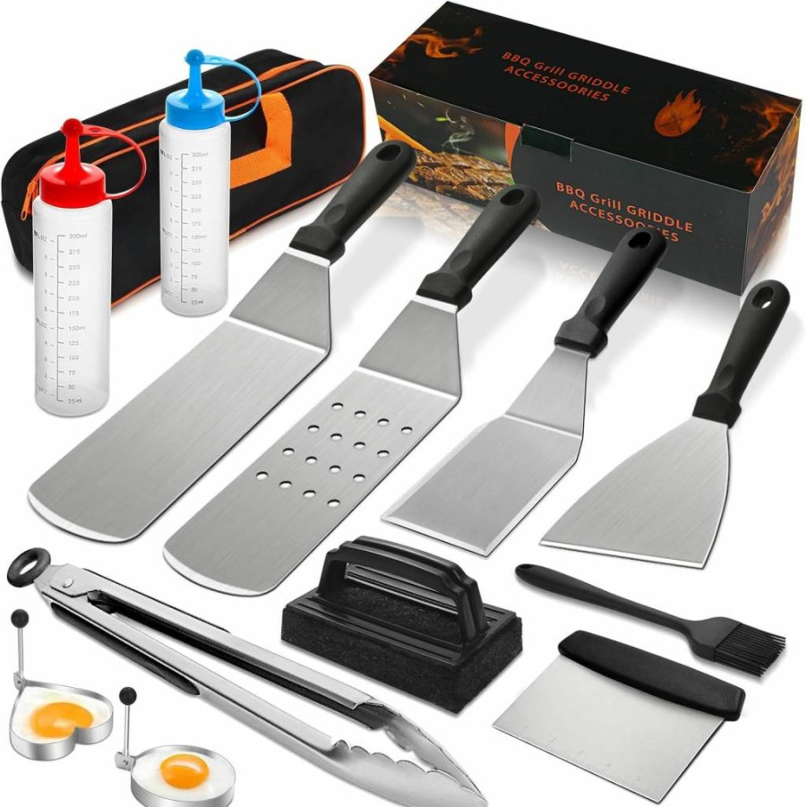 Deedro 14Pcs Flat Top Grill Accessories Kit - Heavy Duty Spatula Set with Scrapers for Blackstone, Camp Chef & Outdoor BBQ Griddles
