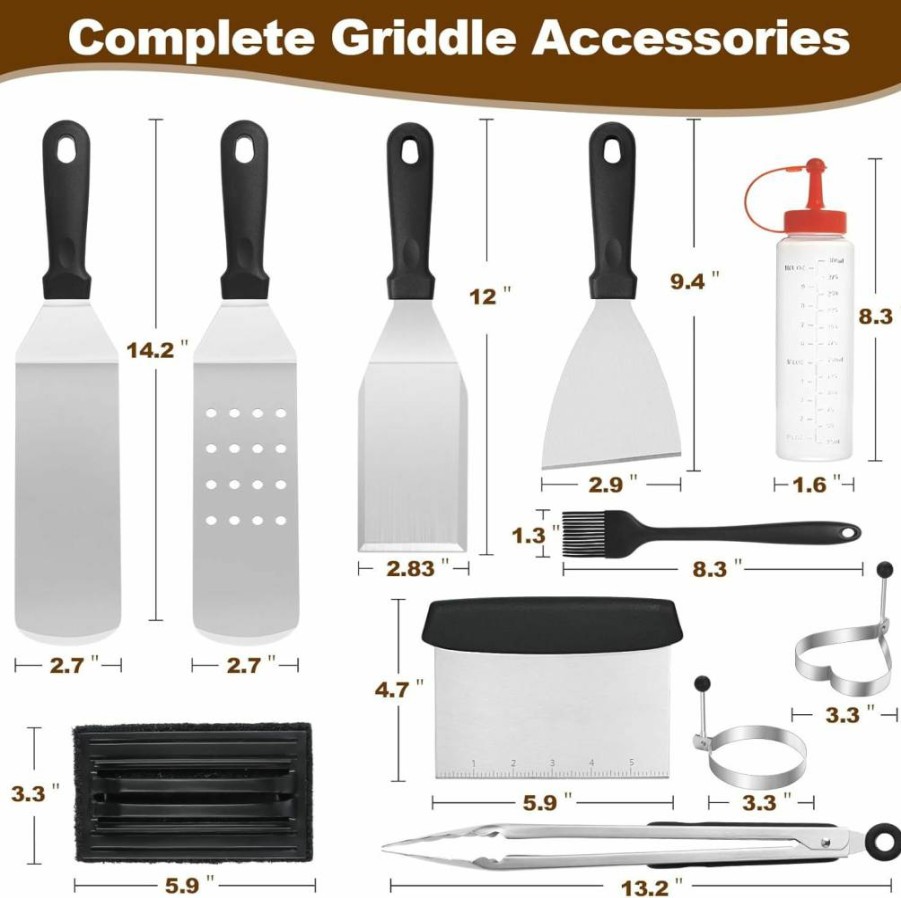 Deedro 14Pcs Flat Top Grill Accessories Kit - Heavy Duty Spatula Set with Scrapers for Blackstone, Camp Chef & Outdoor BBQ Griddles