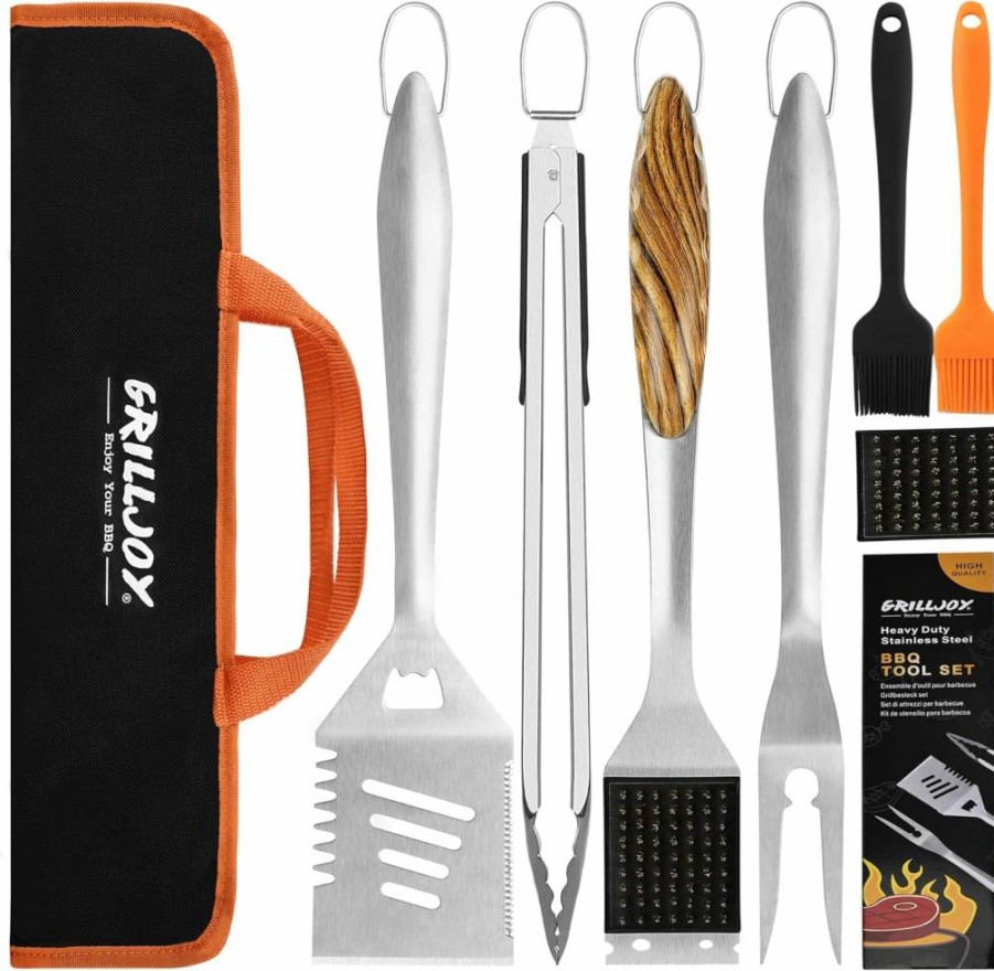 Grilljoy 8-Piece BBQ Grill Tools Set - Heavy Duty Stainless Steel Spatula, Fork, Tongs & Cleaning Brush - Portable Barbecue Accessories Kit with Carry Bag - Ideal Grill Gift for Men (Black)