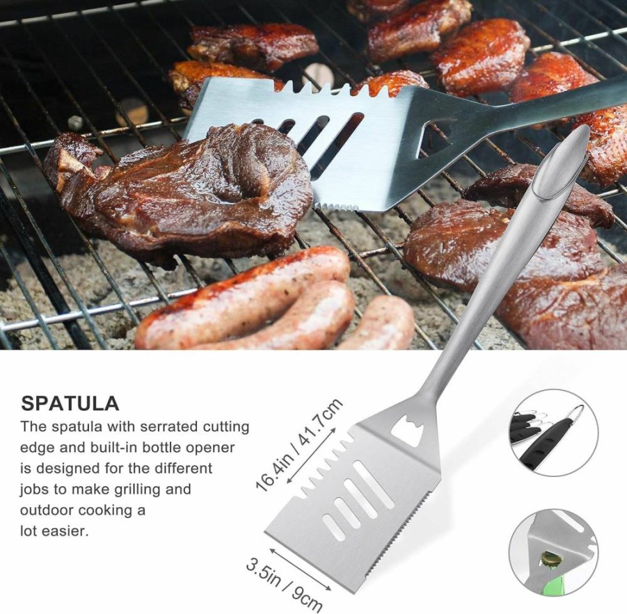 Grilljoy 8-Piece BBQ Grill Tools Set - Heavy Duty Stainless Steel Spatula, Fork, Tongs & Cleaning Brush - Portable Barbecue Accessories Kit with Carry Bag - Ideal Grill Gift for Men (Black)