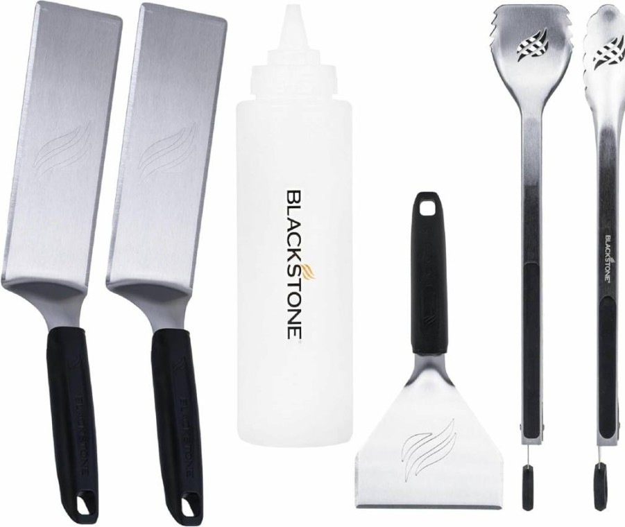 BLACKSTONE 5464 Premium Grill Tool Kit - 6-Piece BBQ Utensil Set with Heat-Resistant Spatulas, Scrapers, Tong & 32oz Squeeze Bottle for Outdoor/Indoor Cooking (Black/Silver/White)