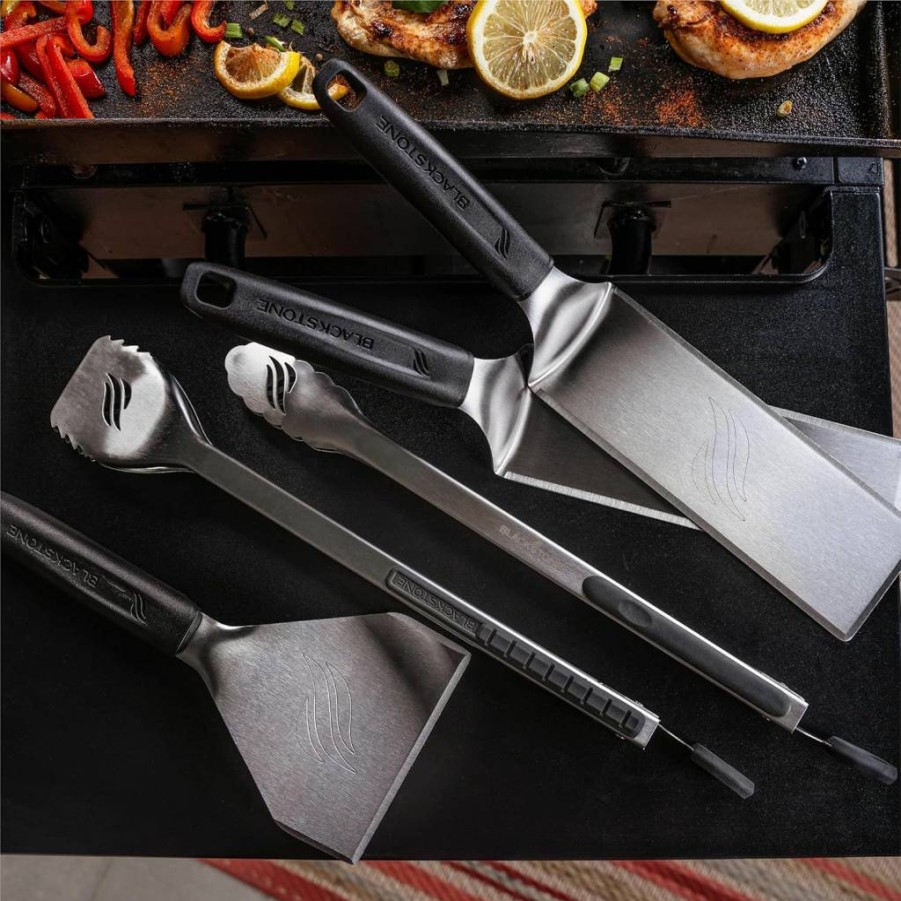BLACKSTONE 5464 Premium Grill Tool Kit - 6-Piece BBQ Utensil Set with Heat-Resistant Spatulas, Scrapers, Tong & 32oz Squeeze Bottle for Outdoor/Indoor Cooking (Black/Silver/White)