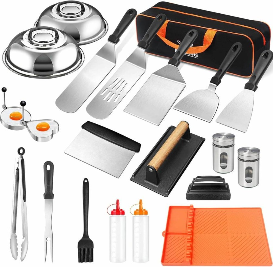 Ashihoti Official 19Pcs Griddle Accessories Kit for Blackstone & Hibachi - Smashed Burger Press, Enlarged Grill Spatula, Salt & Pepper Shakers, BBQ Tools Set