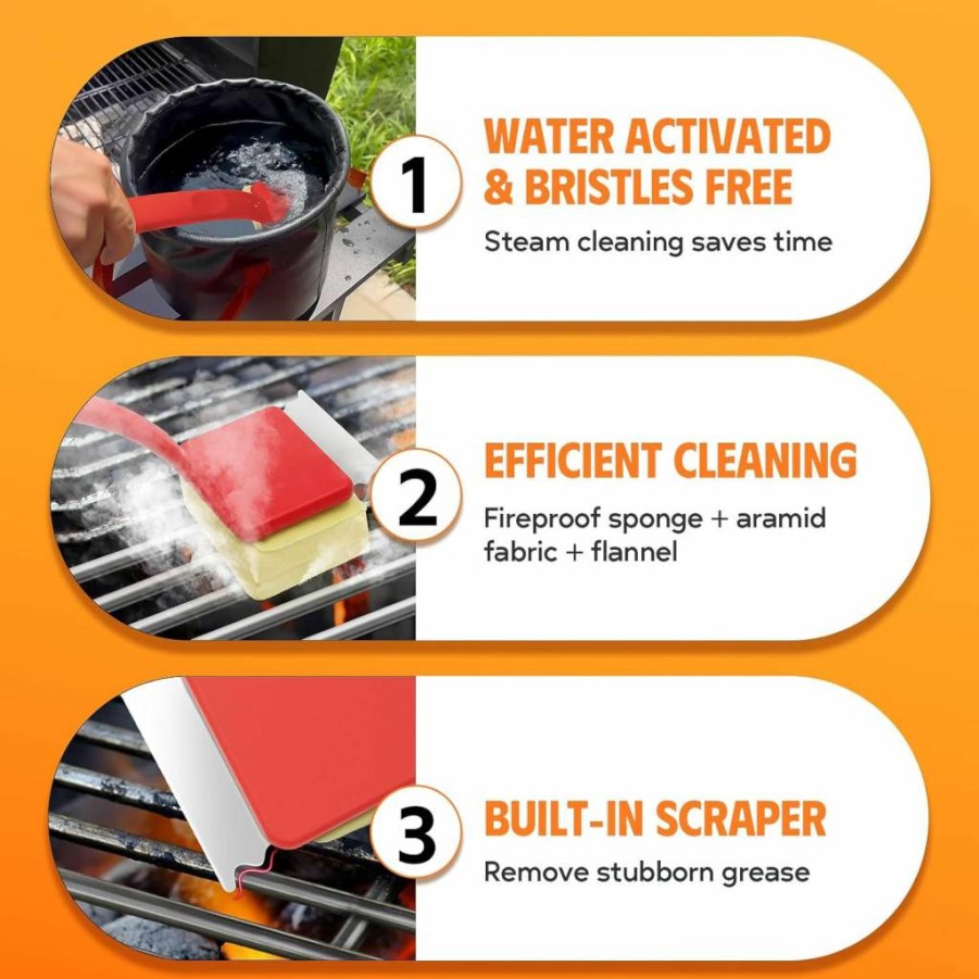 MEKER Bristle-Free Grill Brush with 3 Replacement Heads, Non-Scratch BBQ Cleaner for Cast Iron & Stainless Steel Grates, Durable Outdoor Grill Scraper Tool - Black