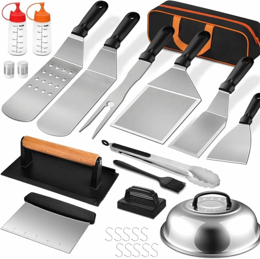 SouAny 27Pcs Blackstone Griddle Accessories Kit - Grill Tool Set with Spatulas, Scraper, Grill Press, Basting Cover for Blackstone, Camp Chef & Flat Top Grills - BBQ Cooking Essentials