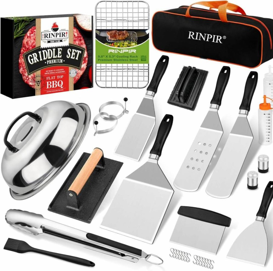 RINPIR 33-Piece Professional Griddle Accessories Kit for Blackstone & Flat Top Grills - Includes Spatulas, Burger Press, Melting Dome, Cooling Rack - Outdoor BBQ & Teppanyaki Cooking Tools Set