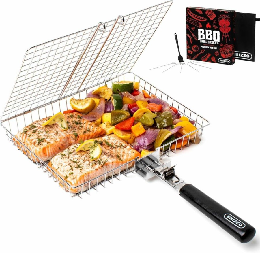 SHIZZO Stainless Steel Grill Basket for BBQ - Large Foldable Camping Cooking Rack for Fish, Shrimp, Vegetables - Portable Outdoor Grilling Accessories with Handle