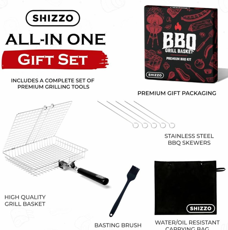 SHIZZO Stainless Steel Grill Basket for BBQ - Large Foldable Camping Cooking Rack for Fish, Shrimp, Vegetables - Portable Outdoor Grilling Accessories with Handle