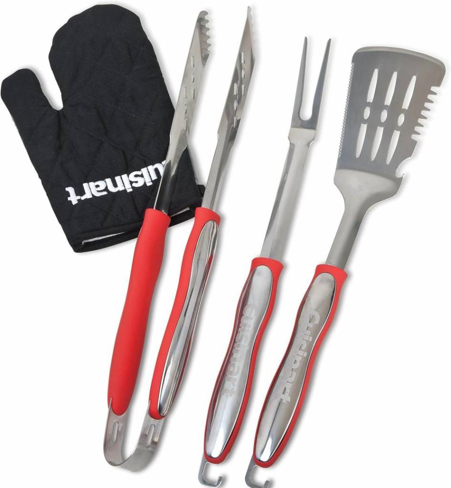 Cuisinart CGS-134 3-Piece Grilling Tool Set with Heat-Resistant Grill Glove, Red, Stainless Steel BBQ Accessories