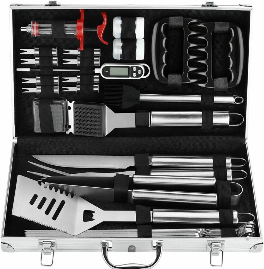 POLIGO 26-Piece Premium BBQ Grill Accessories Set with Aluminum Case - Includes Barbecue Claws, Meat Injector, Thermometer - Ideal for Grilling Gifts, Camping, Smoker, Christmas & Birthday Presents