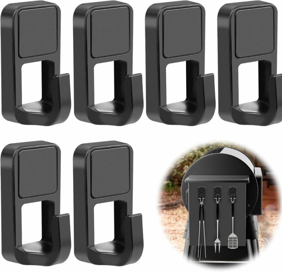 ANGAR 6 Pack Heavy Duty Magnetic Grill Hooks - BBQ Tool Utensil Holder for Grill, Refrigerator, Kitchen - Strong Black Magnetic Hooks for Hanging Grill Accessories