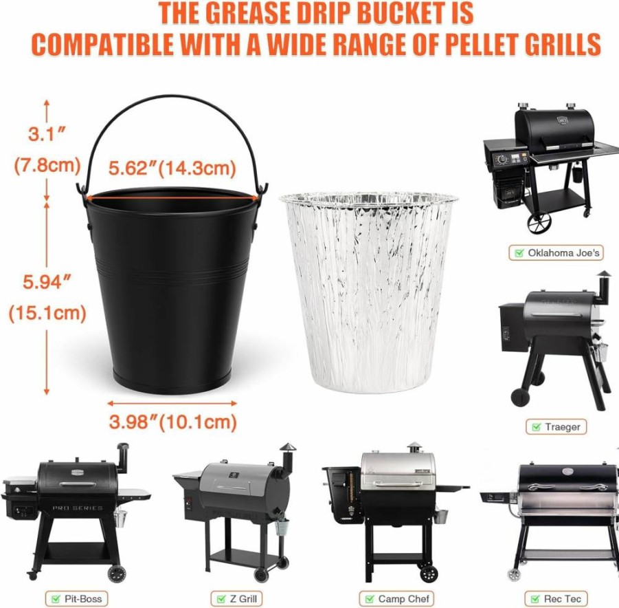 QuliMetal Drip Bucket with 15 Disposable Foil Liners - Compatible with Oklahoma Joe's, Traeger, Pit Boss, Z Grill, Camp Chef & Most Offset Smokers - Heavy Duty Grease Liner for Pellet Grills (Black)