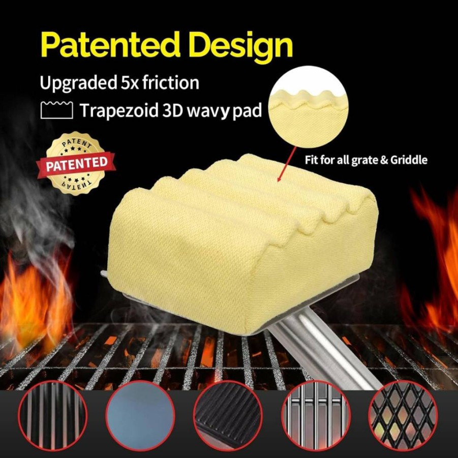 XUDAKAIXIN Bristle-Free Grill Brush with Aramid Fiber Wavy Pad, Safe BBQ Cleaner for Cast Iron & Stainless Steel Grates, Replaceable Scraper Head, Ideal Gift for Men/Dad, Outdoor Grill Cleaning Tool