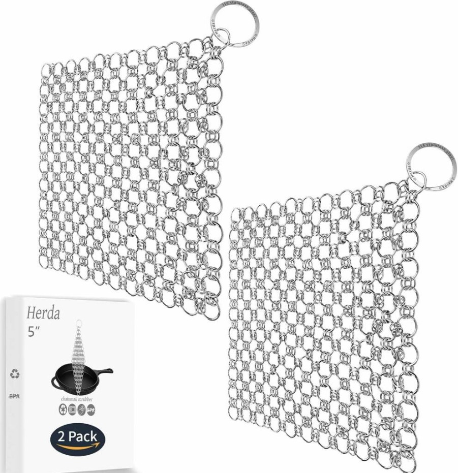 Herda 2-Pack Stainless Steel Chainmail Scrubber for Cast Iron, Dutch Oven, Carbon Steel Wok & Grill Pan – Durable Cast Iron Cleaner & Scouring Pad