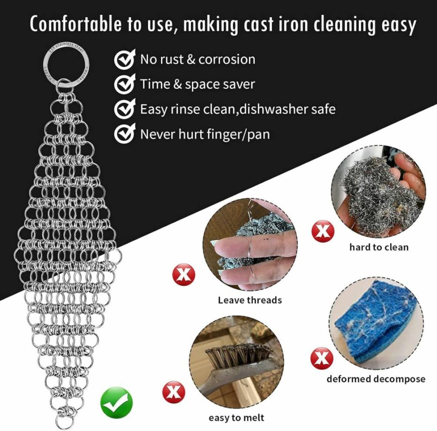 Herda 2-Pack Stainless Steel Chainmail Scrubber for Cast Iron, Dutch Oven, Carbon Steel Wok & Grill Pan – Durable Cast Iron Cleaner & Scouring Pad