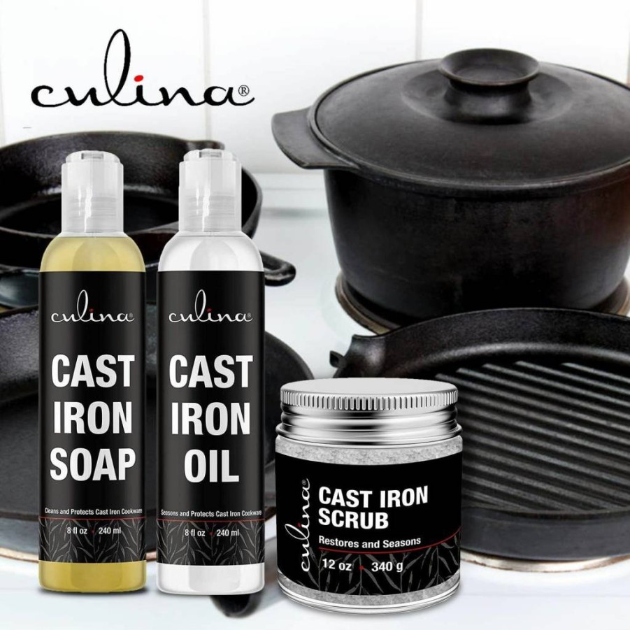 Culina Supreme Cast Iron Care Kit: Plant-Based Cleaning Soap, Restoring Scrub & Conditioning Oil for Skillets, Pans & Grills – Best for Seasoning & Maintenance
