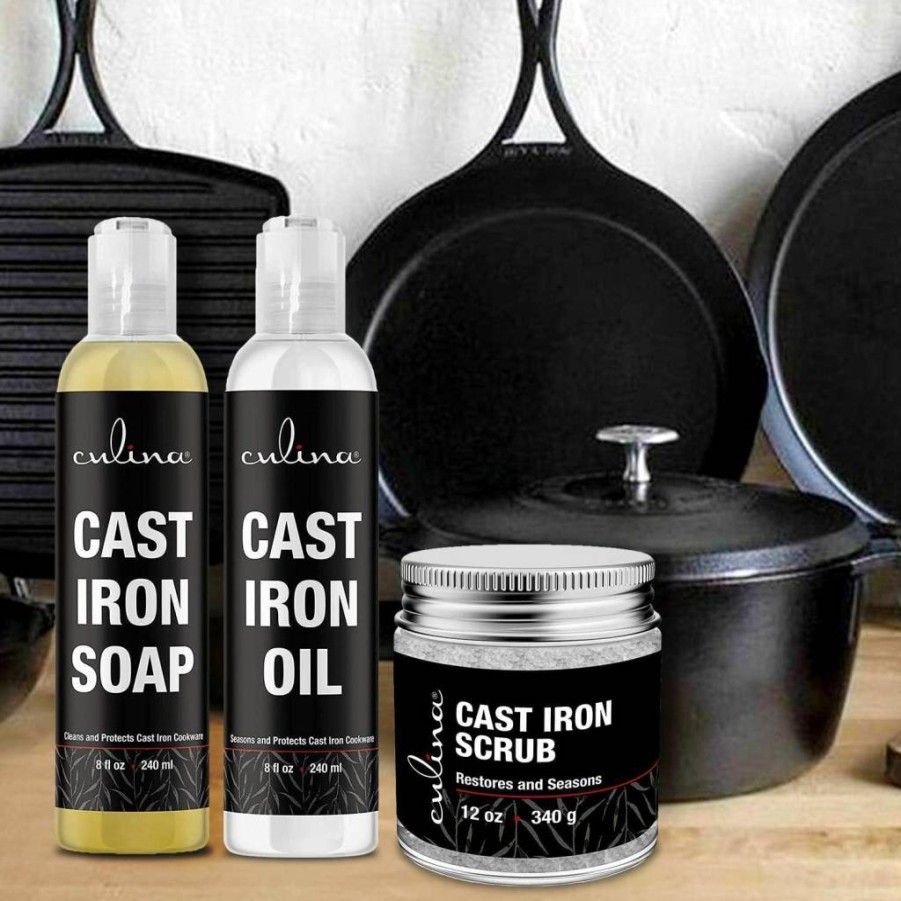 Culina Supreme Cast Iron Care Kit: Plant-Based Cleaning Soap, Restoring Scrub & Conditioning Oil for Skillets, Pans & Grills – Best for Seasoning & Maintenance